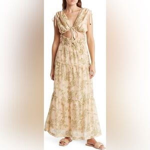 Mon Renn Wildflower Maxi Dress Beige Green Floral Print NWT M / US 6